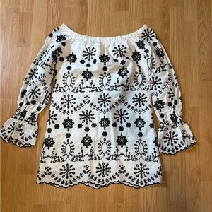 Elegant Off-Shoulder White and Black Embroidered Top